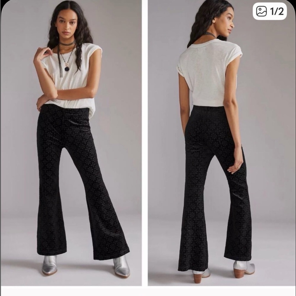 Sz S Anthropologie Joni Black Velvet Eyelet Flare Pants